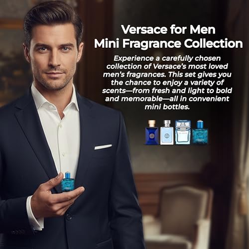Versace Cologne for Men Set of 4 Mini Eros, Pour Homme, Dylan Blue, Eau Fraiche Perfume for Men Fragrance Sampler Set - Designer Mens Cologne Samples (4 Count, 0.17 oz)