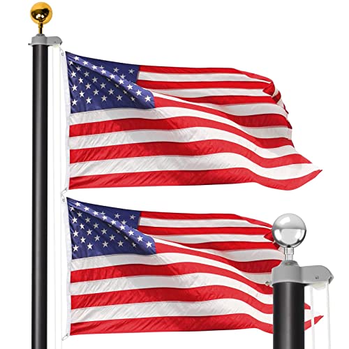 WinisKi 20ft Flag Pole Kit Black - Heavy Duty Residential Flagpole - Sectional Outdoor Inground Thicken Adjustable Height Aluminum Pole Outside Commercial, Golden & Silver Balls, 3x5 USA Flag