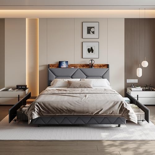 SUNFECILI Cama doble tapizada con 4 cajones, cama de almacenamiento con estantes de doble cara, baúl con USB y cabecero con almacenamiento oculto, estructura de acero y madera, gris (140 x 200 cm)