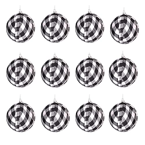 BOICXM 12 adornos de bola de Navidad a cuadros, 2.8 pulgadas, bola de Navidad a cuadros blancos y negros, adorno colgante para árbol de Navidad, decoración de fiesta de Navidad Cover