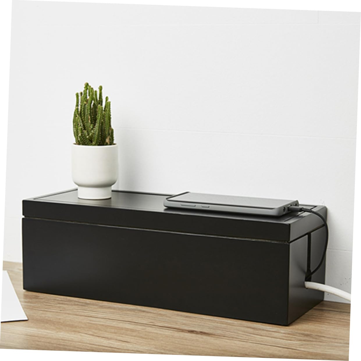 Boîte de Rangement pour Câbles Design Fendu en Bois Foncé pour Organisation Rapide et Rangement des Câbles à Domicile