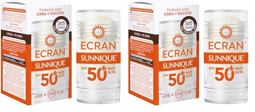 Ecran Sunnique - Crema Sólida FPS 50+, Protección Alta UVB + UVA e IR-A, Anti Polución y Luz Azul, Protege la Piel, Fórmula con VitEox 80, Resistente al Agua - 30 ml (Paquete de 2)