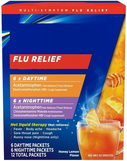 SEDLAV Max Strength Cough Cold and Flu Day and Nighttime Relief Medicine Powder with Acetaminophen, 12 Count, Sticker,