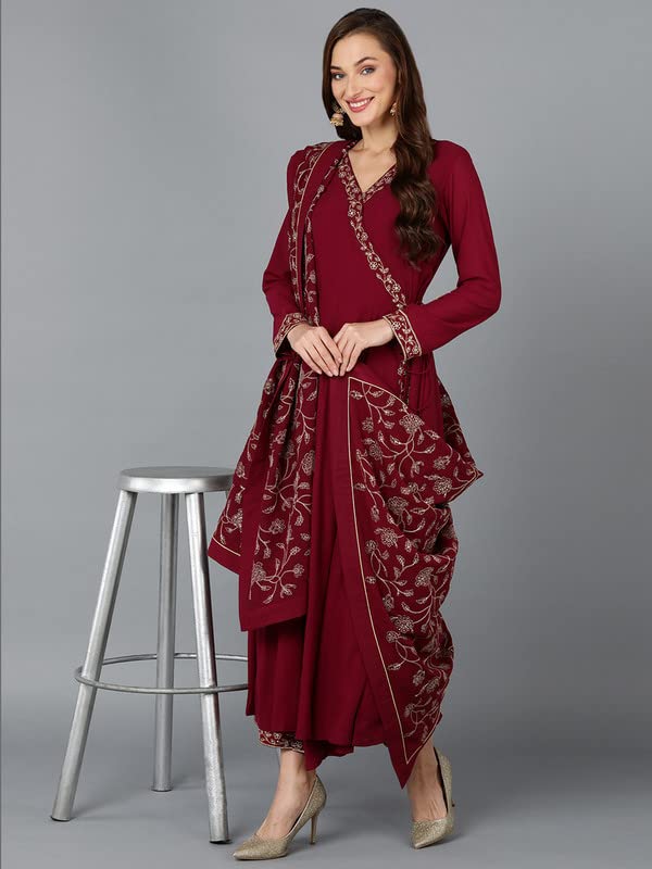 Image of Vaamsi Women's Georgette Embroidered Flared Angrakha Pant With Dupatta With Inner