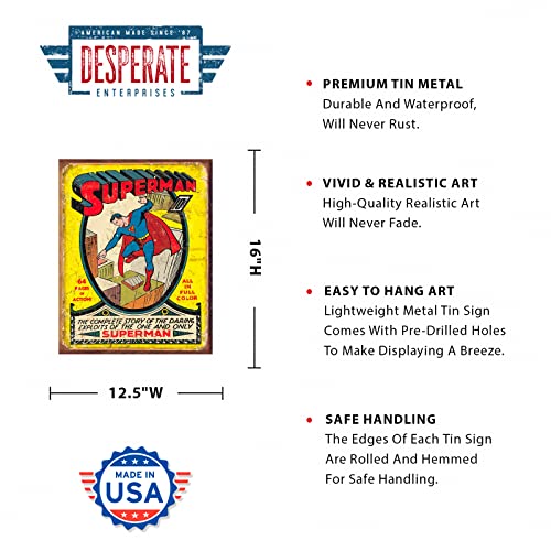 Desperate Enterprises Superman No 1 Cover Tin Sign - Nostalgic Vintage Metal Wall Decor - Made in USA