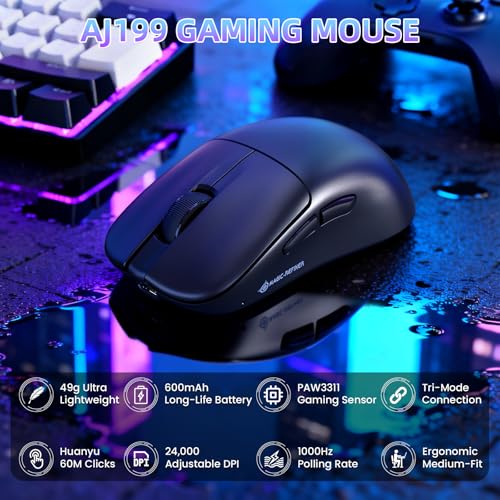 Image of MAGIC-REFINER AJ199 49g Superlight Wireless Gaming Mouse,BK3633 Tri-Mode BT /2.4G Wireless /Wired Mouse,24000 DPI,1000Hz Polling Rate,600mAh,Med Hand Size,5 Programmable Buttons for PC /Mac,Black