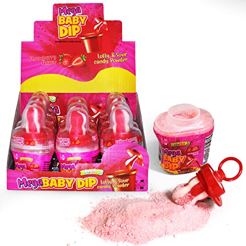 Zazers Mega Pacifier Lolly Baby Dip Candy Dippers - 12-Pack Strawberry Flavor Sour Powder Candy and Pacifier Novelty Pop (Kosher, NET WT 16.8 OZ, 476g)