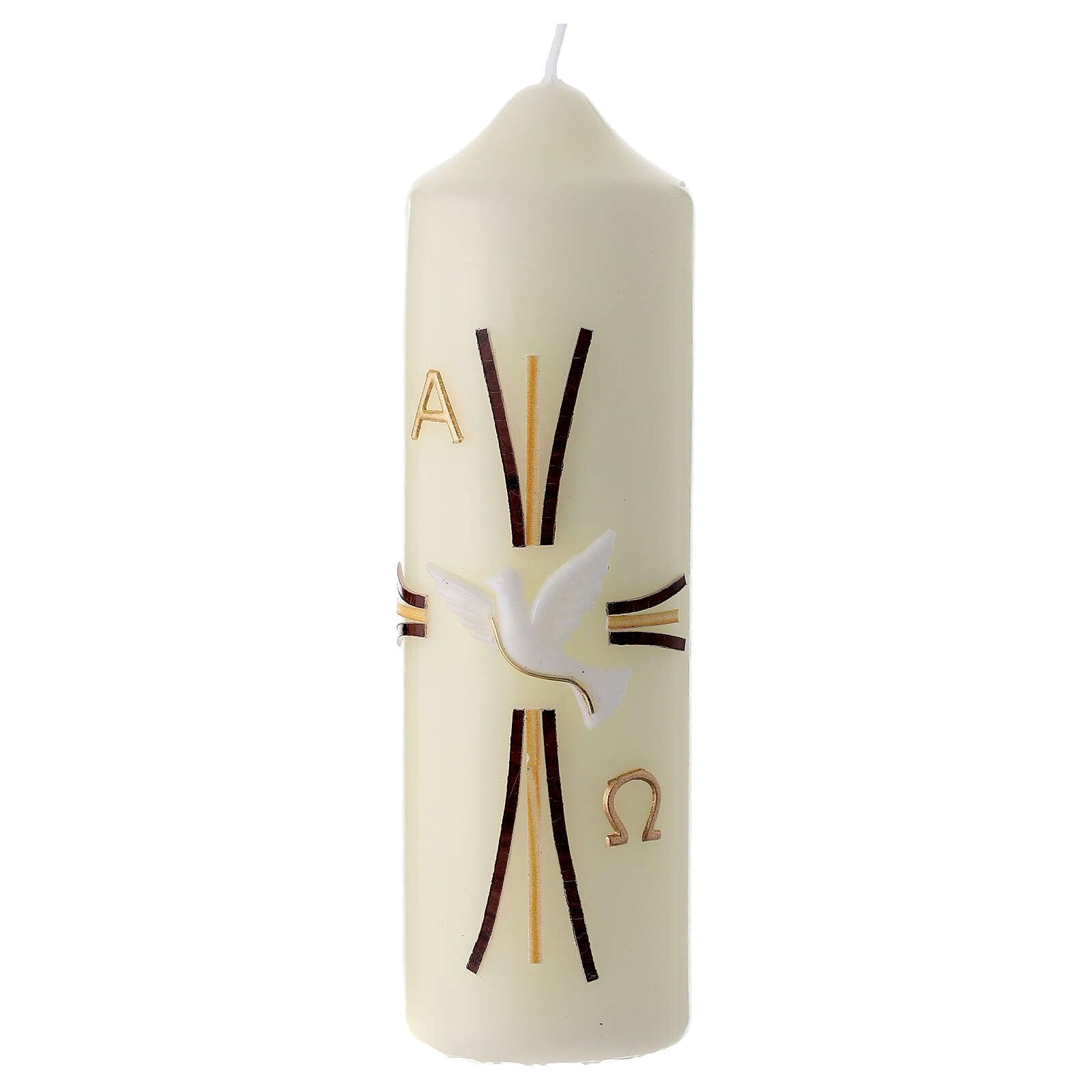 Modern Paschal Candle, Dove Over Stylised Cross with Alpha and Omega, 6.5x2 in