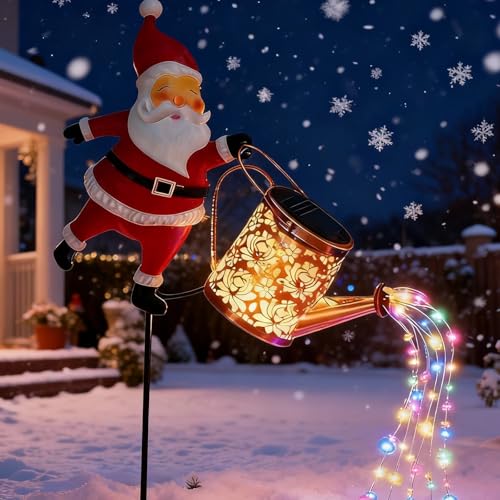 Babbo Natale da Esterno, Babbo Natale con Innaffiatoio Luminoso Solare, Natalizia per Giardino, Terrazza E Cortile con Luci A Cascata Colorate, Impermeabile per Esterno (#A)