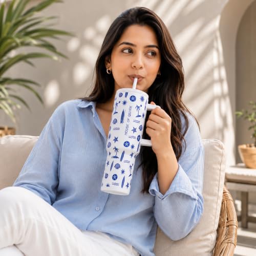 Image of House of Quirk 1200ML Stainless Steel Tumbler with Handle & Lid, 2 Straws - Large Travel Mug Water Cup for Gym, Office & Outdoor Use (Seanova)