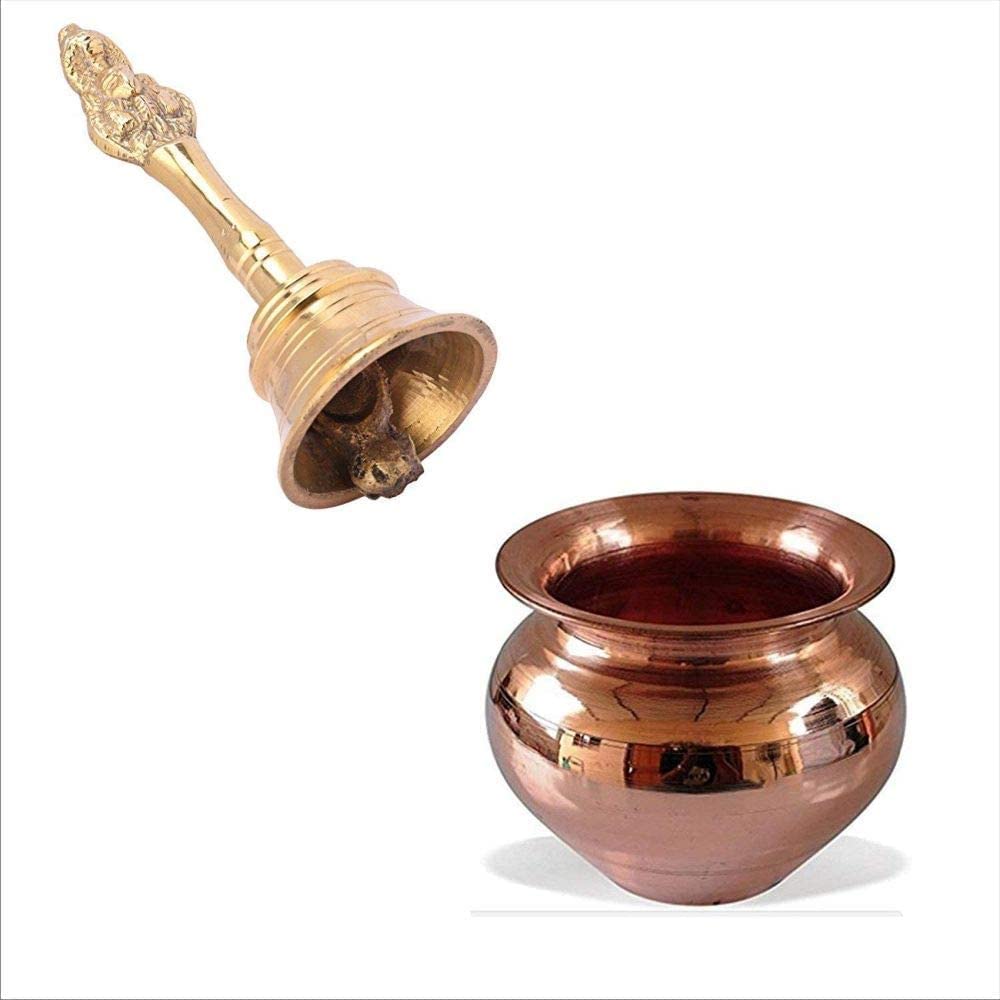 Copper lota and kalash pooja lota divine hindu lota| Pooja Bell and Copper Lota for Pooja Combo Pack