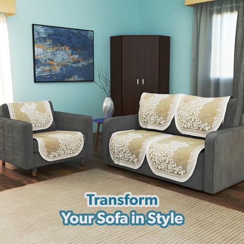 Image of Kuber Industries (Set of 6) Stylish & Durable Cotton Sofa Covers 2+1 Seater | Washable Sofa Protector /Mat & Slipcover for Living Room & Office | Peocock Design - Cream