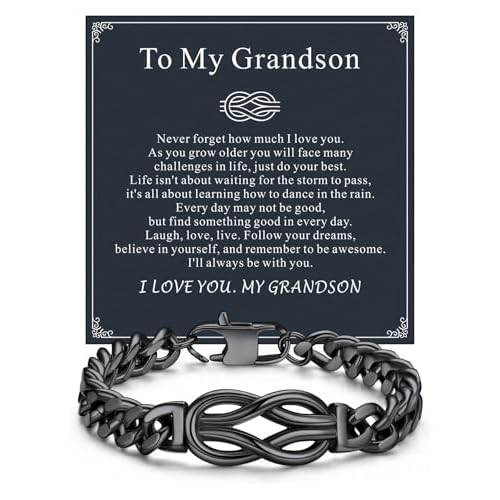 ChainsHouse Square Love Knot Bracelets for Men Braided Leather Stainless Steel Infinity Bracelets with Love Message Card Aniversary Birthday Gift for Men/Love/Husband/Dad 19-To My Grandson-B