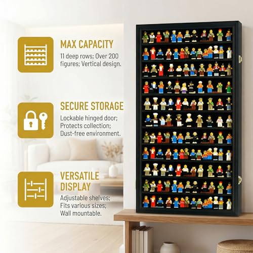 Image of DisplayGifts Building Block Toy Minifigures Miniatures Thimble Display Case Wall Cabinet Standing Plates Included, 2.25 inch Shelf Height UV Protection Door Black Finish Frame