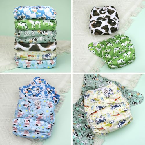 Image of Mama Koala 6 Pack Reusable Cloth Diapers 3.0 for Babies Girls Newborn, One-Size Adjustable Baby Diaper, Durable Stitching, Back Opening for Inserts, Breathable Awj Lining, Leak Prevention-Happy Moo