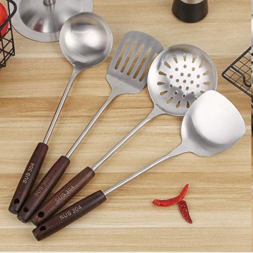 Image of Stainless Steel Slotted Turner Spatula, Professional Food Turner Flipper With Heat Resistant Wooden Handle (H-Ladle+Plainspatula+Slottedspatula+Skimmer), 36 Centimeters