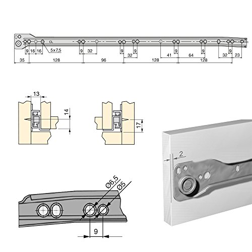 Emuca - Schubladenführungen mit Rollen und Teilauszug, Weiß lackiert, 550 mm, 5 Stück