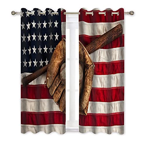 Baseball With American Flag Pattern Window Curtain Panels Blackout Curtain Panels Thermal Insulated & Light Blocking 42W X 84L Inch (Set Of 2 Panels) #TOP3