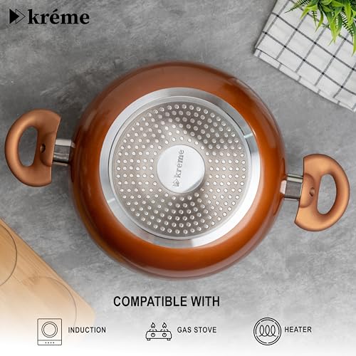 Image of Kreme Sonet Non-Stick Frying Kadai with Glass Lid | 2.5 Litre & 24 cm Induction and Gas Compatible Cookware Kadhai | Scratch Resistant Kadai for Cooking Curry, Dal, Rice & Biryani, Bronze