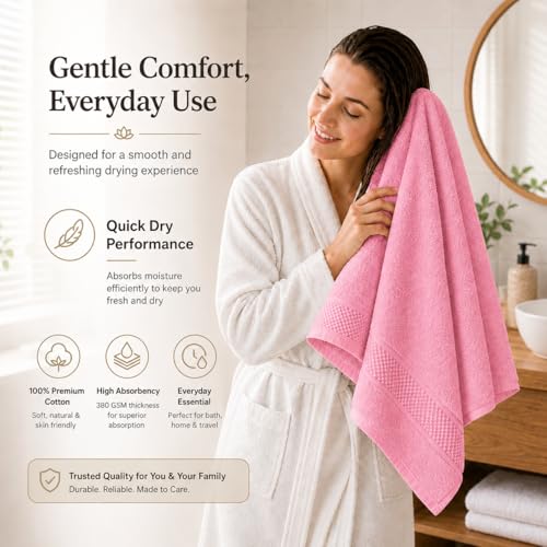 Image of 100% Pure Cotton Bath Towel for Men & Women | 380 GSM Ultra Soft, Highly Absorbent & Quick Dry Bath Towel | Large 55 x 28 Inch Matty Terry Towel for Bathroom, Gym, Travel & Daily Use | Pink
