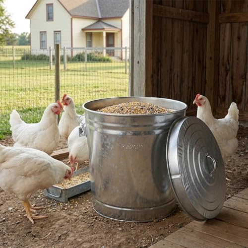 Image of Plexon 6 Gallon Small Metal Trash Can with Lid Outdoor Locking Galvanized Metal Garbage Can with Lid for Poultry Feed Bird Seed Storage Ash Galvanized Bucket