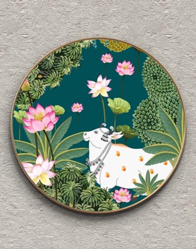 Image of SAF Large Round Pichwai Cow Wall Painting with golden frame Vinyl Sparkle laminated||Home decor Painting,Living Room, Bedroom,Office Room Decor - Painting for Wall Decoration GR-03
