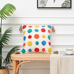 PLWORLD Boho Multicolor Throw Pillow Cover 18x18 Inch with Tassels, Pom Pom Tufted Holiday Decorative Cream Chenille Fabric Accent Textured Cushion Case for Bed Couch, 1 PC Cover Only No Insert PLWORLD Boho Multicolor Throw Pillow Cover 18×18 Inch with Tassels Pom Pom Tufted Holiday Decorative Cream Chenille Fabric Accent Textured Cushion Case for Bed Couch 1 PC Cover Only No Insert