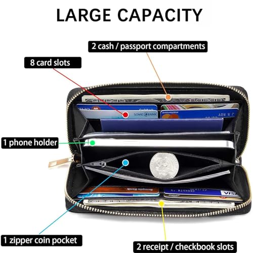 RFID Blocking Leather Wallet for Women – Large Capacity Zip Around Clutch with 8 Card Slots,41 Cash Pockets & Coin Zipper,Retro Bookshelf2