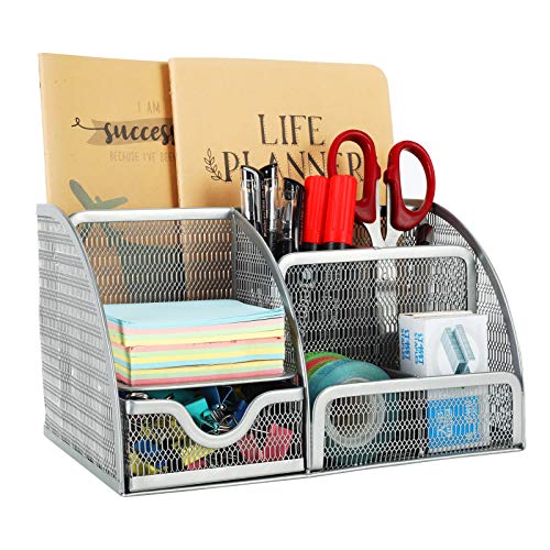 EasyPAG Mesh Desk Organizer 6 Compartment Pencil Holder Accessories Storage with Drawer for Paper and Office Supplies , Silver