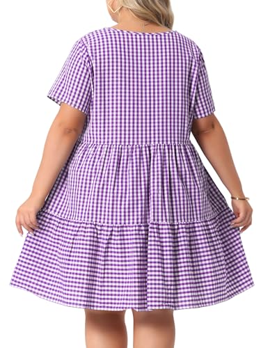 Image of Agnes Orinda Plus Size Gingham Dresses 1950s Vintage Plaid Round Neck Short Sleeve Tiered Midi Summer Dress