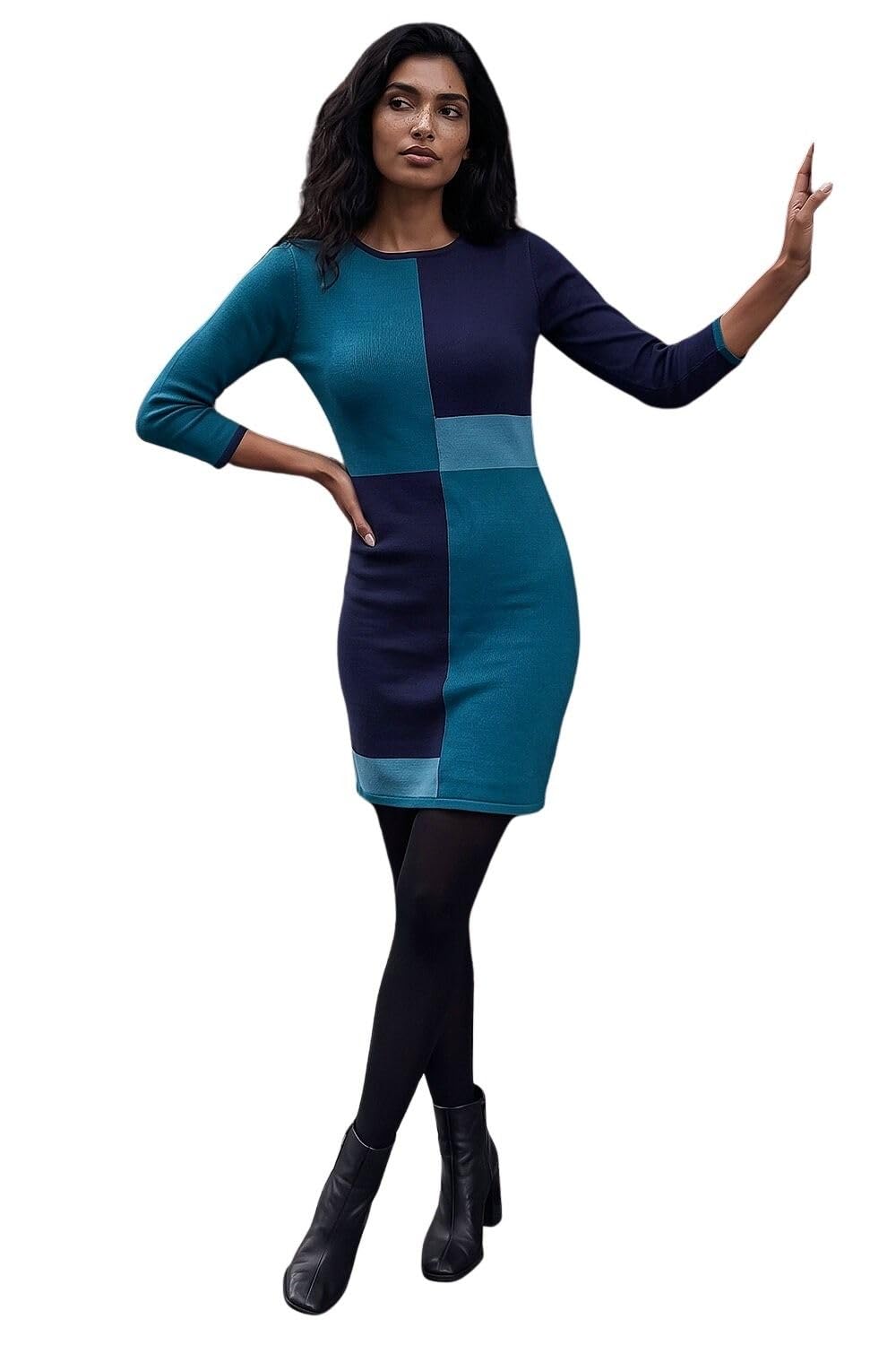 Roman Originals Women's Blue Roman Knitted Jumper Dress For Uk - Colour Block Winter Autumn Smart Casual Office Bodycon Workwear Everyday Long Sleeve Knee Length Knit Pocket - Size 20