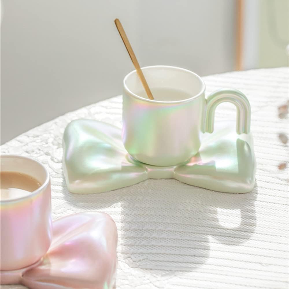 Pearl Glaze Bow Coffee Cup and Saucer Set,7.1oz Cute Ceramic Coffee Mug Creative Bowknot Cup for Office Home Coffee Tea Latte Milk (Green)