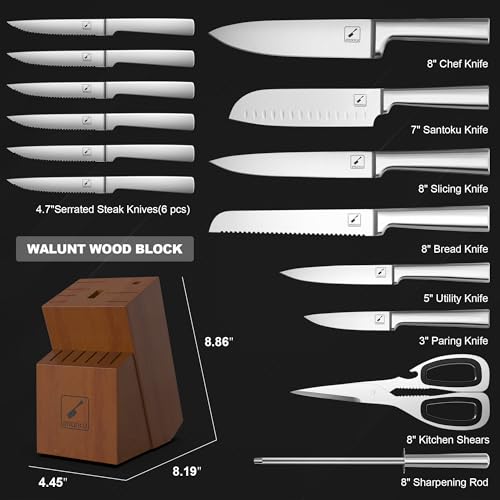 Image of imarku 15 PCS Knife Set: Kitchen Knife Set with High Carbon Stainless Steel, Knife Block Set with Dishwasher Friendly Ultra Sharp Professional Chef Well Balance Knives Set, Best Gifts for Women Men