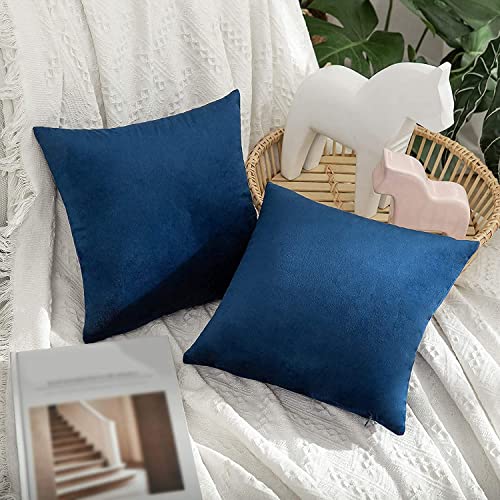 Image of Decorative Holland Velvet Cushion Square Pillow Covers Pillowcases for Sofa Bedroom with Invisible Zipper || (Navy Blue, Set of 5 Piece (16X16 Inches)