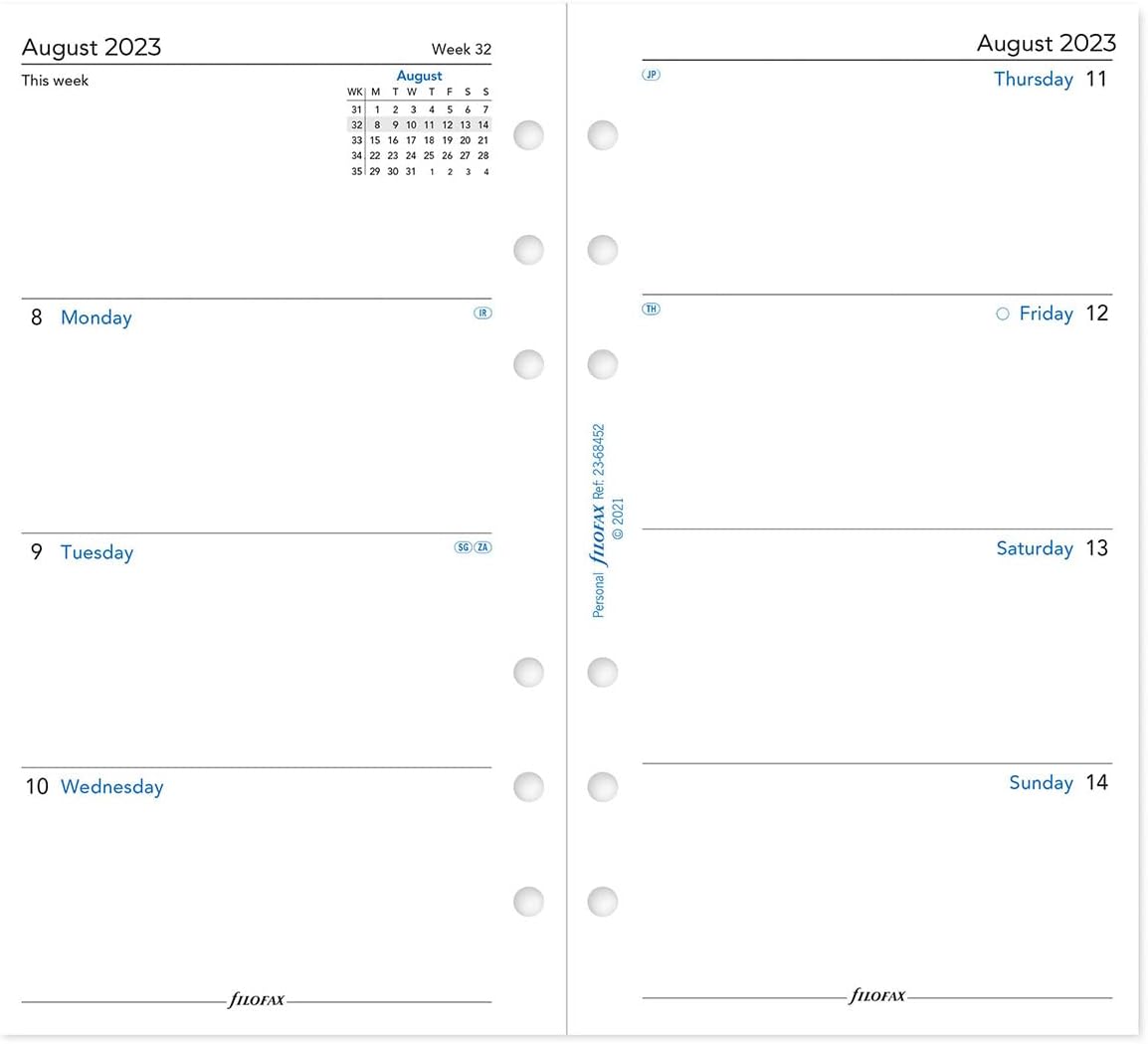 Filofax Personal week on two pages mid year diary August 22 - July 23, White