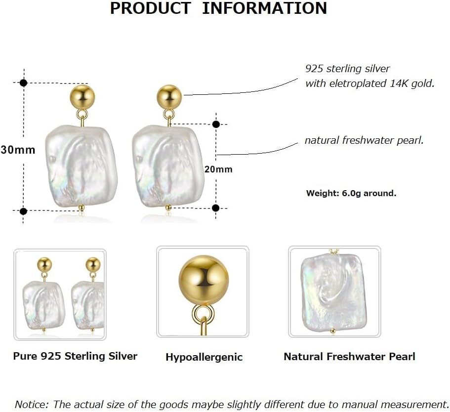 Pearl Drop & Dangle Earrings 925 Sterling Silver Handpicked Baroque Pearls Statement Earrings Platinum/14k Gold Plated Freshwater White Pearl Vintage Earrings for Women - Image 2