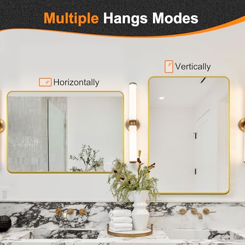 Image of Delma Bathroom Vanity Mirror, Gold Framed Mirror for Over Sink, 36x24 | HD glass, distortion-free for makeup and grooming, Sturdy frame, all mounting hardware, hangs horizontal or vertical