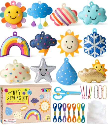G.C Kit Couture Enfant Cadeau Loisirs Créatifs Fille 5-9 ans avec Fil à Broder Aiguilles en Plastique Rembourrage en Coton Feutre Instructions Kit Coudre Feutre DIY Enfant Jouet Éducatif(Météo)