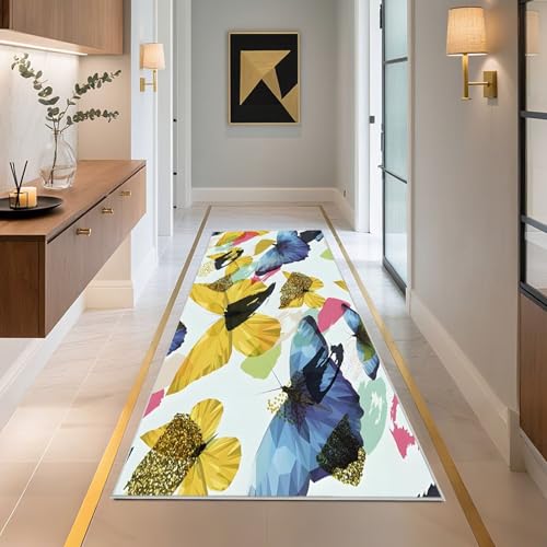 Tapis de bureau bleu et jaune 140x200cm lavable extra plat motif papillon abstrait - 8