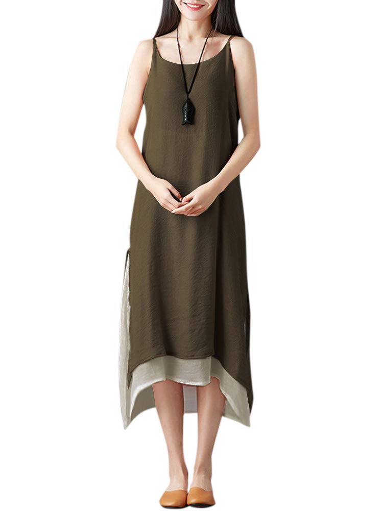 Women Vintage Dress Split Irregular Hem Casual Loose Boho Long Maxi Dresses Orange/Army Green/Coffee/Burgundy/Black