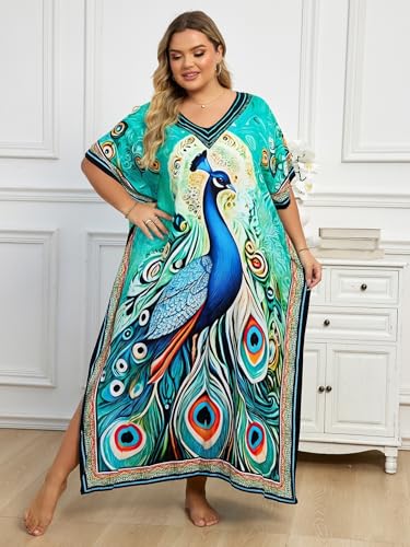 Image of KECVOT Kaftan Dresses for Women V-Neck Print Swimsuit Cover Up Plus Size Beach Caftan Lounge Dress