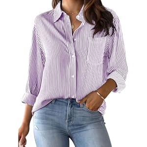 Women's Striped Button-Down Shirt Long-Sleeve Casual Collared Blouses Office Shirt Tops Large 00027_purple