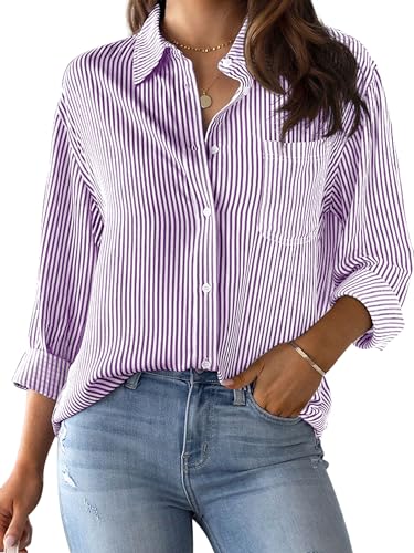 CUNLIN Grade 4 Wrinkle-Resistant Women's Button Down Shirts Striped Long Sleeve Collared Blouses Tops with Pocket