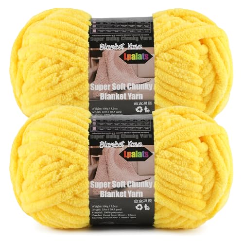 Lpalats Bright Yellow Super Bulky Chunky Chenille Yarn - 2 Pack of 200g/7oz - 100% Polyester - 76 Yards - Soft Plush Thick Yarn for Knitting Crocheting & Quick Blanket Projects