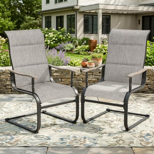 Image of NUU GARDEN Patio Dining Chairs Set of 2, C-Spring Motion Outdoor Chairs with Padded All-Weather Textilene, Wood-Grain Armrests, High-Back Metal Frame for Backyard, Deck, Garden, Grayish Brown