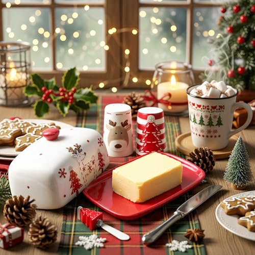Ziliny 4 Pcs Christmas Dishes Set Include 1 Ceramic Elk Butter Dish with Lid 2 Salt and Pepper Shakers and 1 Christmas Tree Cheese Spreader with Stainless Steel Blade for Winter Festive Dinner Gift by Ziliny - Image 5