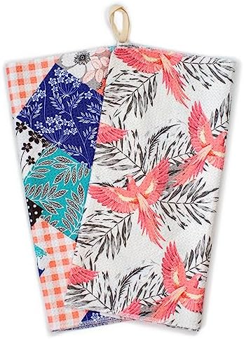 Winslow & Brody | Microfiber Kitchen Geometry Towels 2-Pack | Soft and Compact Dish Towels | Super Absorbent Yet Quick-Drying Waffle Weave | Patchwork Parrots Pattern