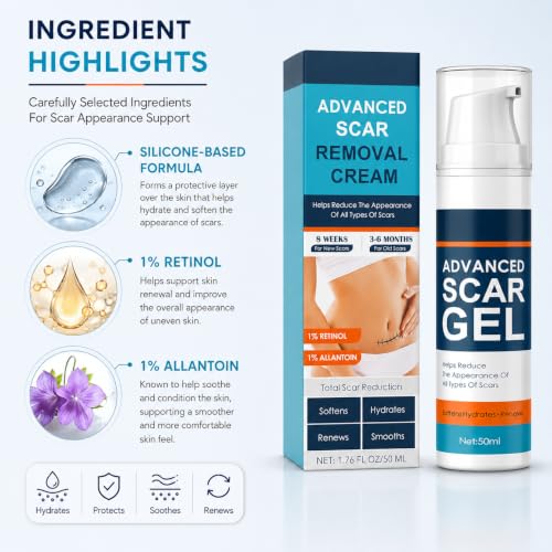 Image of Advanced Scar Gel Cream for Face & Body | Silicone-Based Scar Care Gel | Helps Improve the Appearance of Old & New Scars | Moisturizing Formula for Surgical, C-Section, Acne & Stretch Mark Care | 50ml