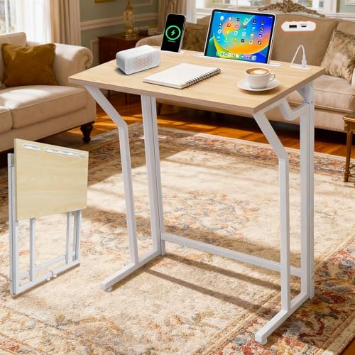 24"Wx 28"H Folding TV Tray for Eating, Foldable TV Dinner Table, Side Table Slide Under Couch, C-Shaped End Table with Devices Slot & Charging Stations, Small TV Tray for Living Room, Bedroom(Natural) - image 1