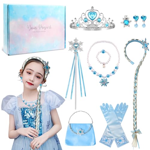 COYBTO Principessa Dress Up Accessori, Accessori Principessa Elsa con Parrucca Corona Bacchetta, Regali per Ragazze Bambina per Carnevale Halloween Cosplay Festa Compleanno (Blu)